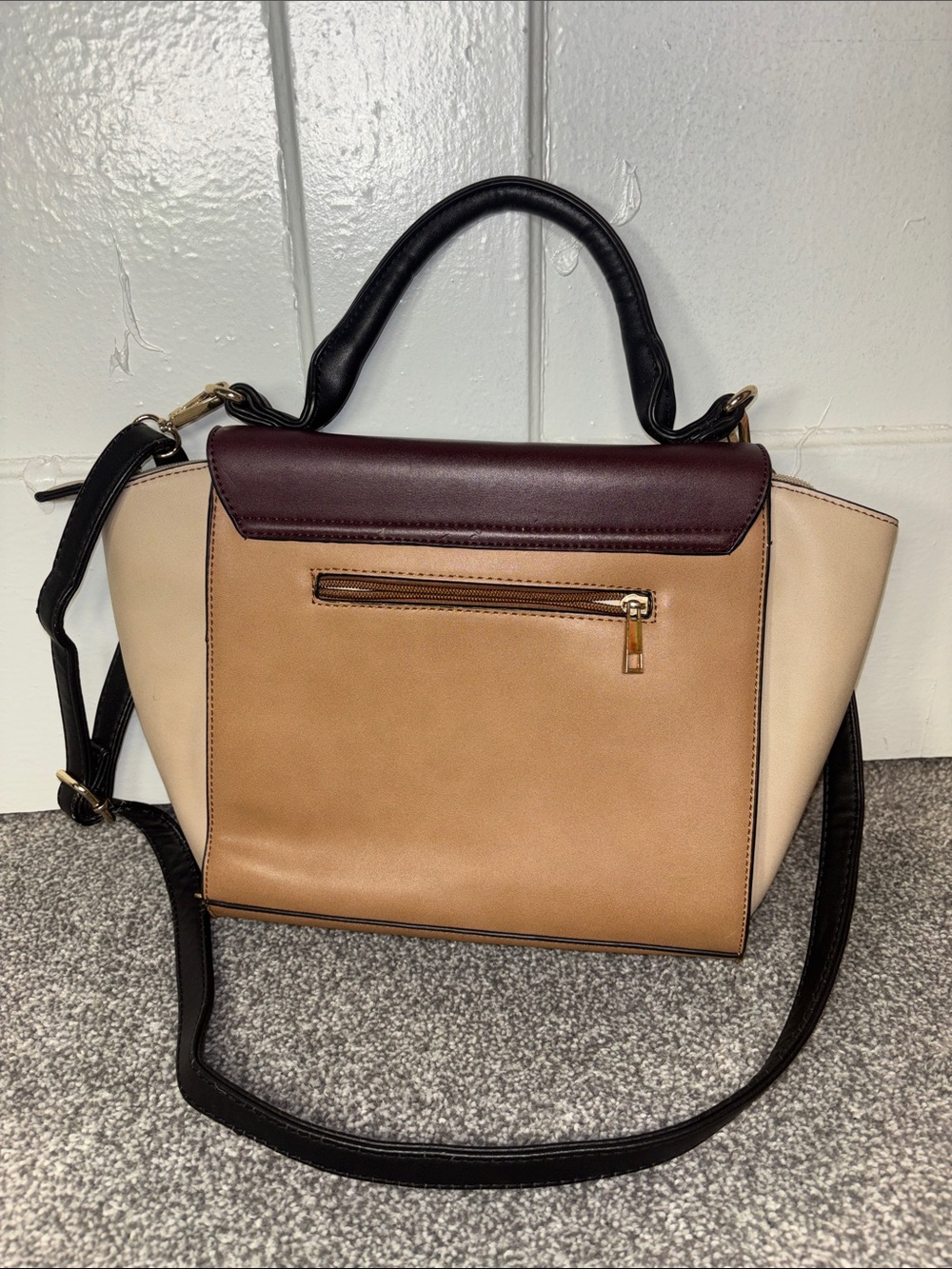 Three-Tone Structured Crossbody Satchel - Black Handle, Burgundy Flap, Tan Body - Picture 2 of 7